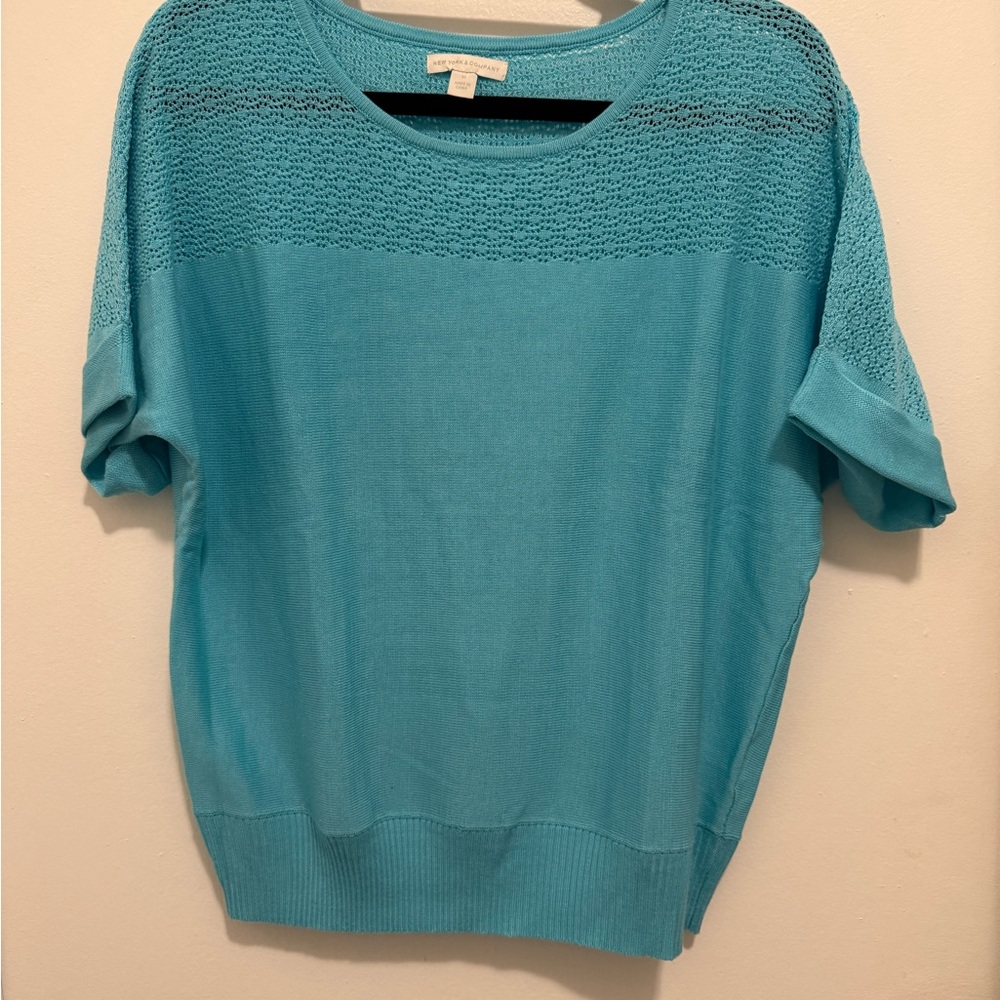New York & Company Turquoise Open-Knit Short Sleeve Top